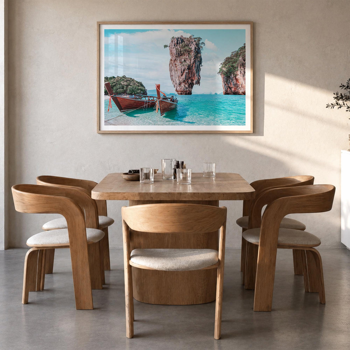 Thailand colorful photo poster of Asia – horizontal wall art in natural wood frame with white border, hanging on wall