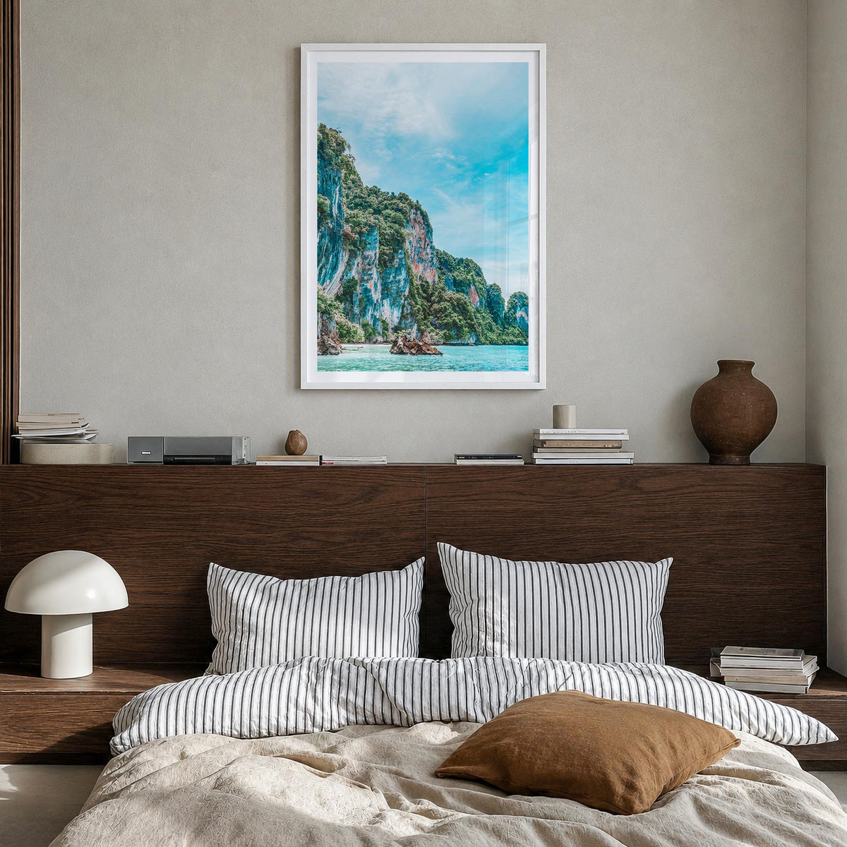 Thailand no. 1 colorful photo poster of Asia – vertical wall art in white wood frame with white border, hanging on wall