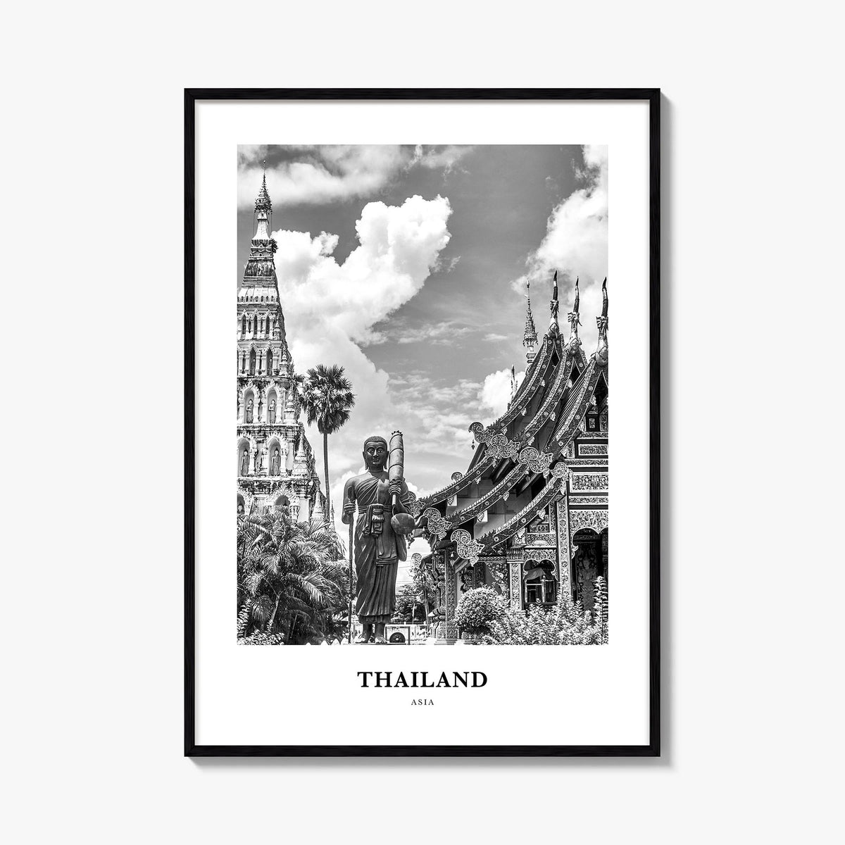 Thailand no. 2 black & white classic poster of Asia – vertical wall art, unframed print shown in interior mockup