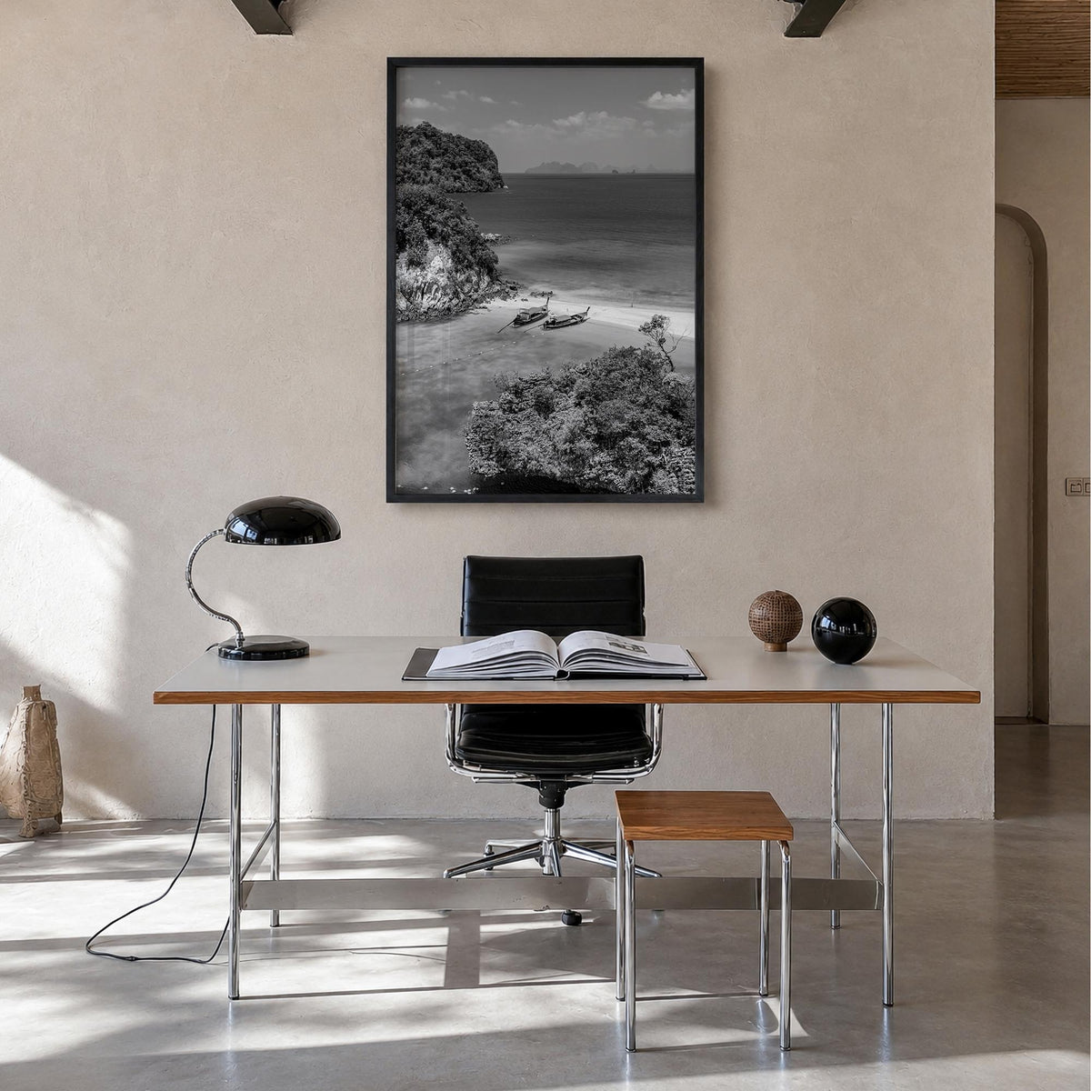 Thailand no. 2 black & white photo poster of Asia – vertical wall art in black wood frame, hanging on wall