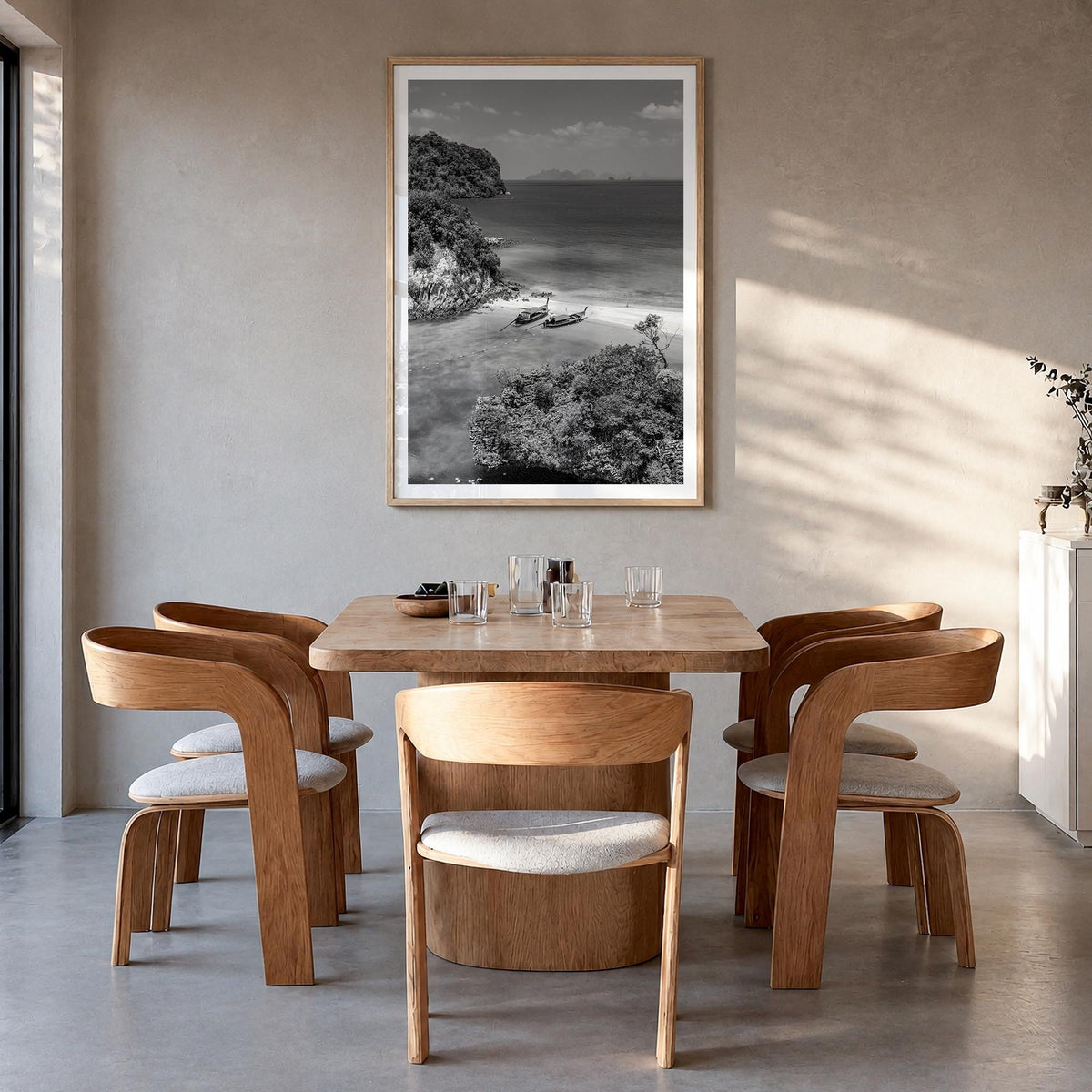 Thailand no. 2 black & white photo poster of Asia – vertical wall art in natural wood frame with white border, hanging on wal