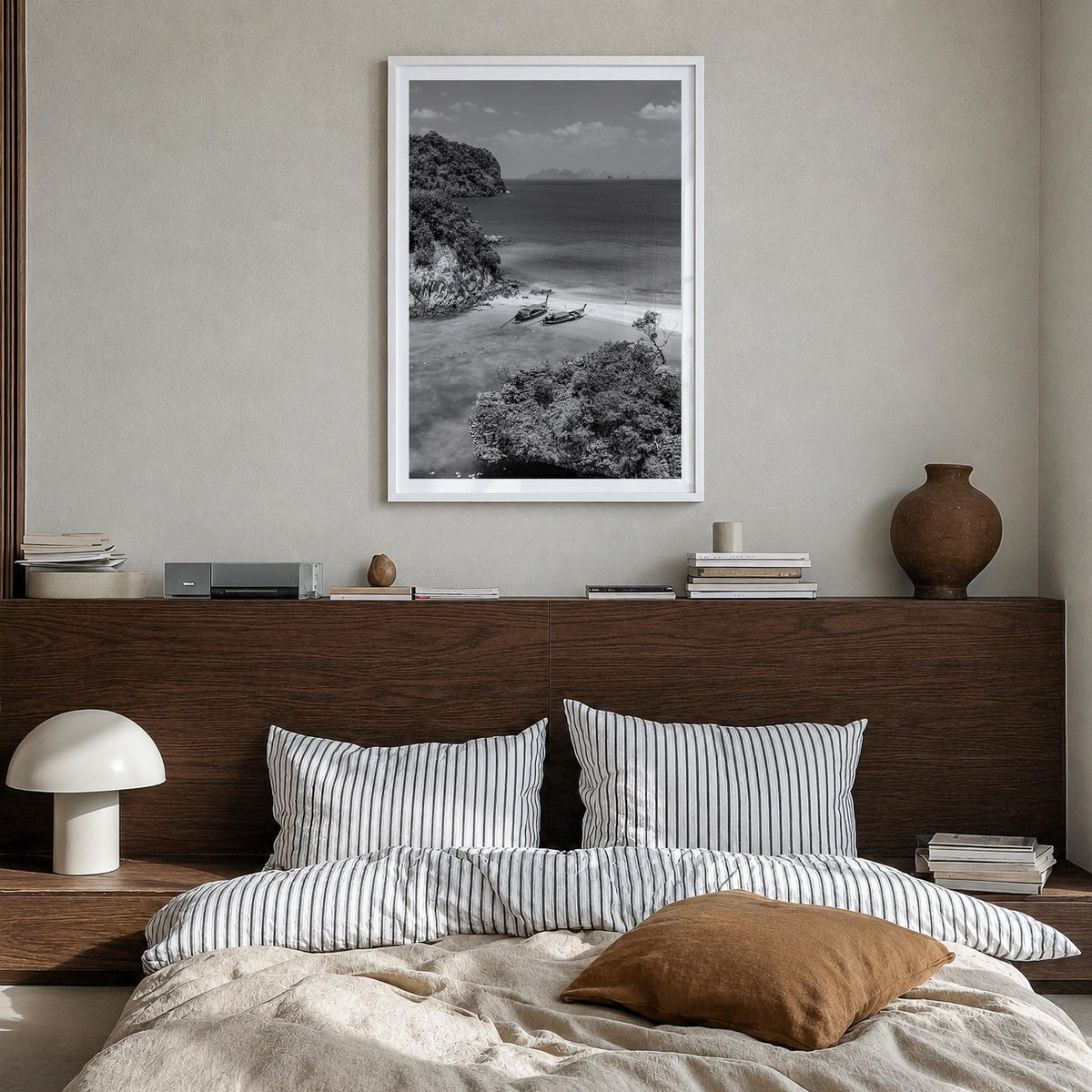 Thailand no. 2 black & white photo poster of Asia – vertical wall art in white wood frame with white border, hanging on wall