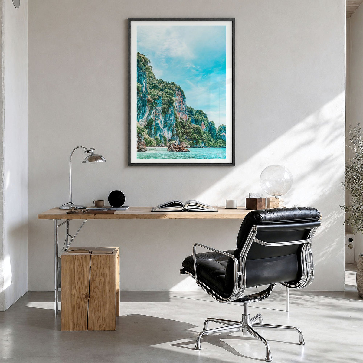 Thailand Photo No 1 Poster in a black wood frame, hanging in a bright home office, white border