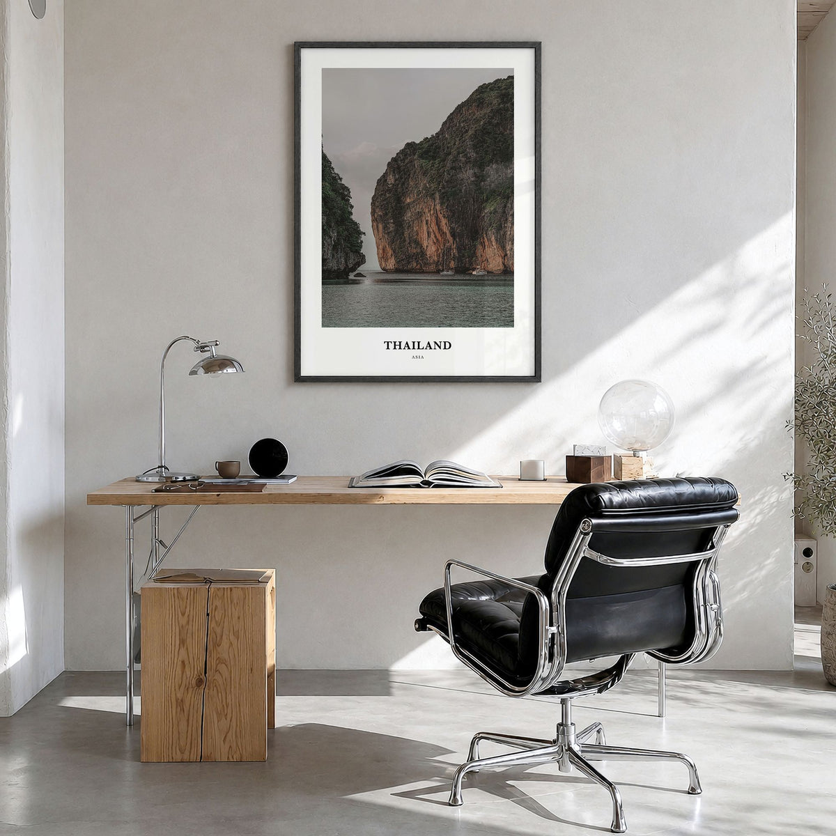Thailand Classic Poster in a black wood frame, hanging in a bright home office