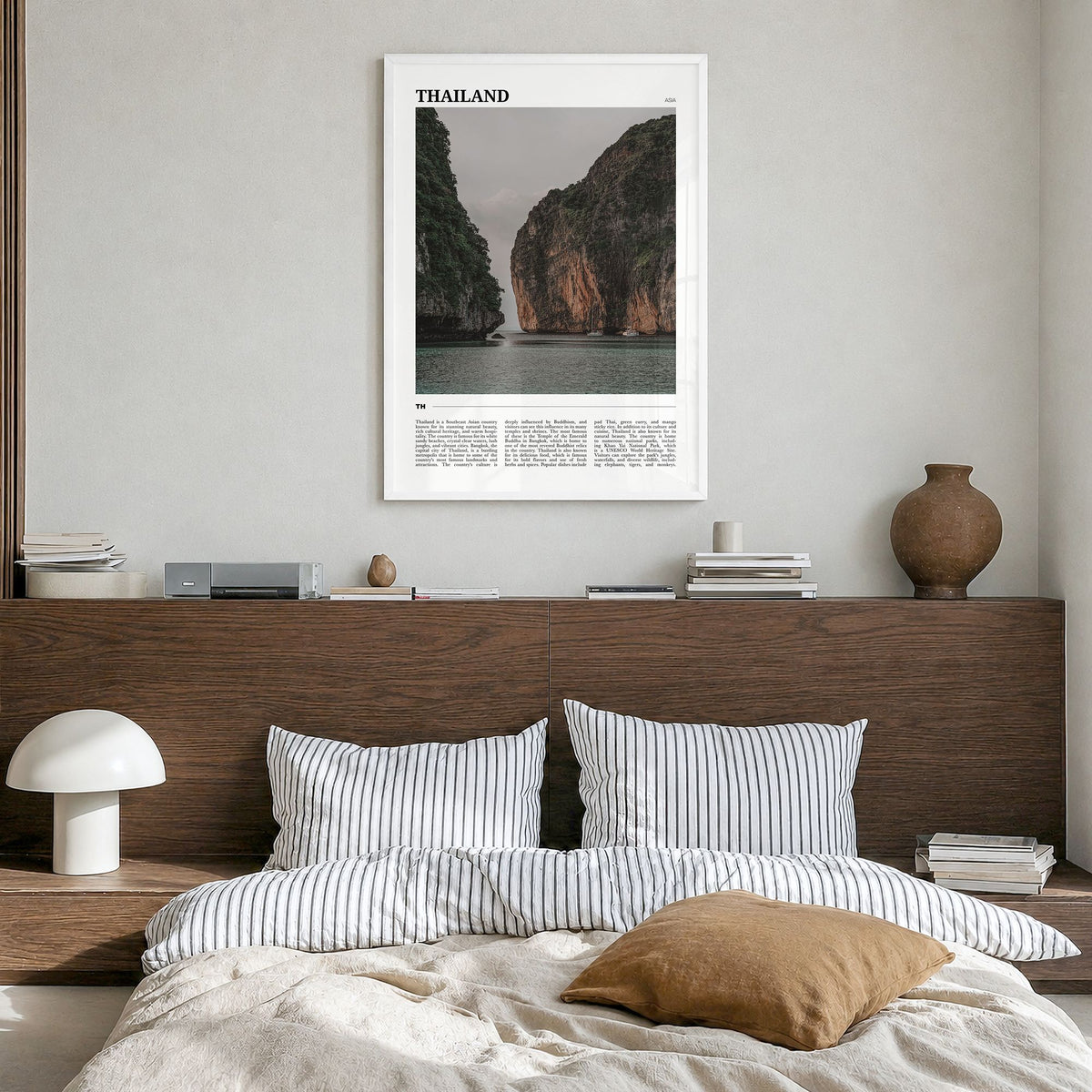 Thailand Travel Poster in a white wood frame, hanging in a bedroom