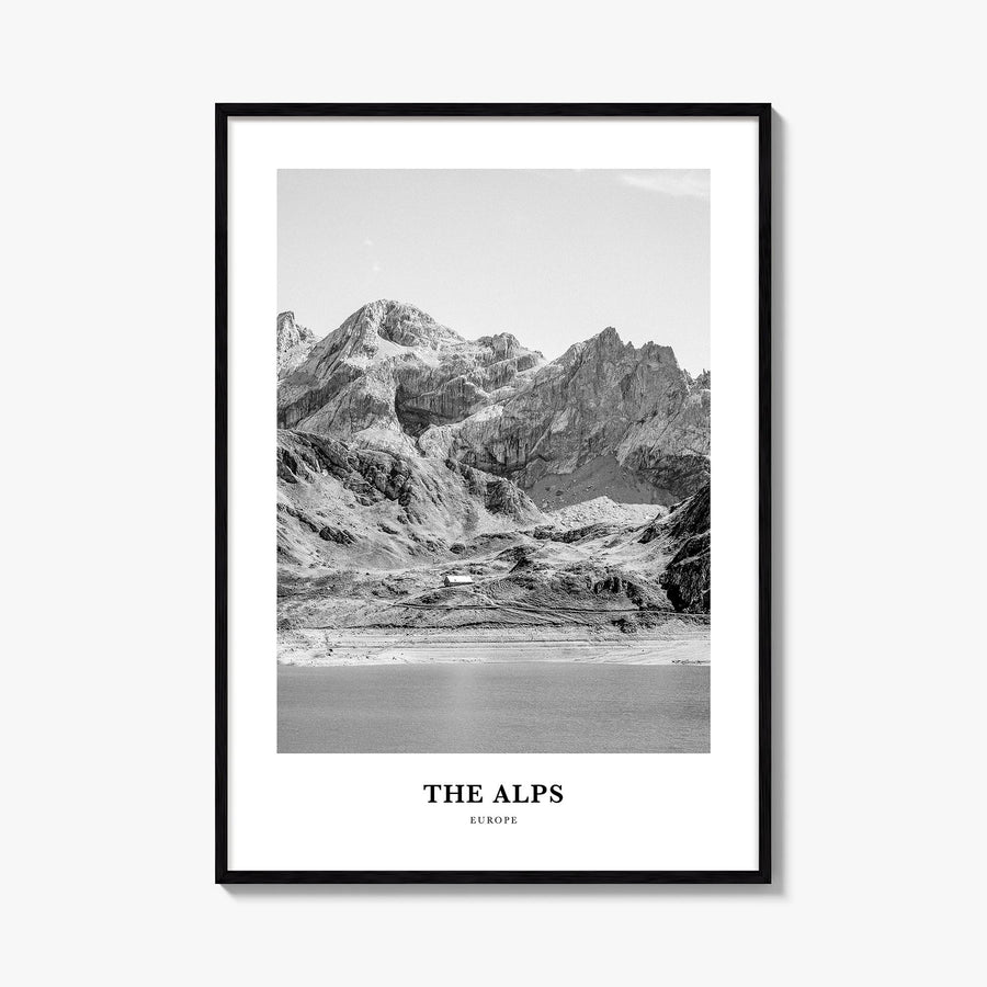 The Alps black & white classic poster of Europe – vertical wall art, unframed print shown in interior mockup