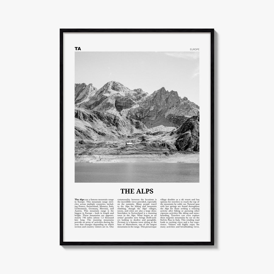 The Alps black & white newspaper poster of Europe – vertical wall art, unframed print shown in interior mockup