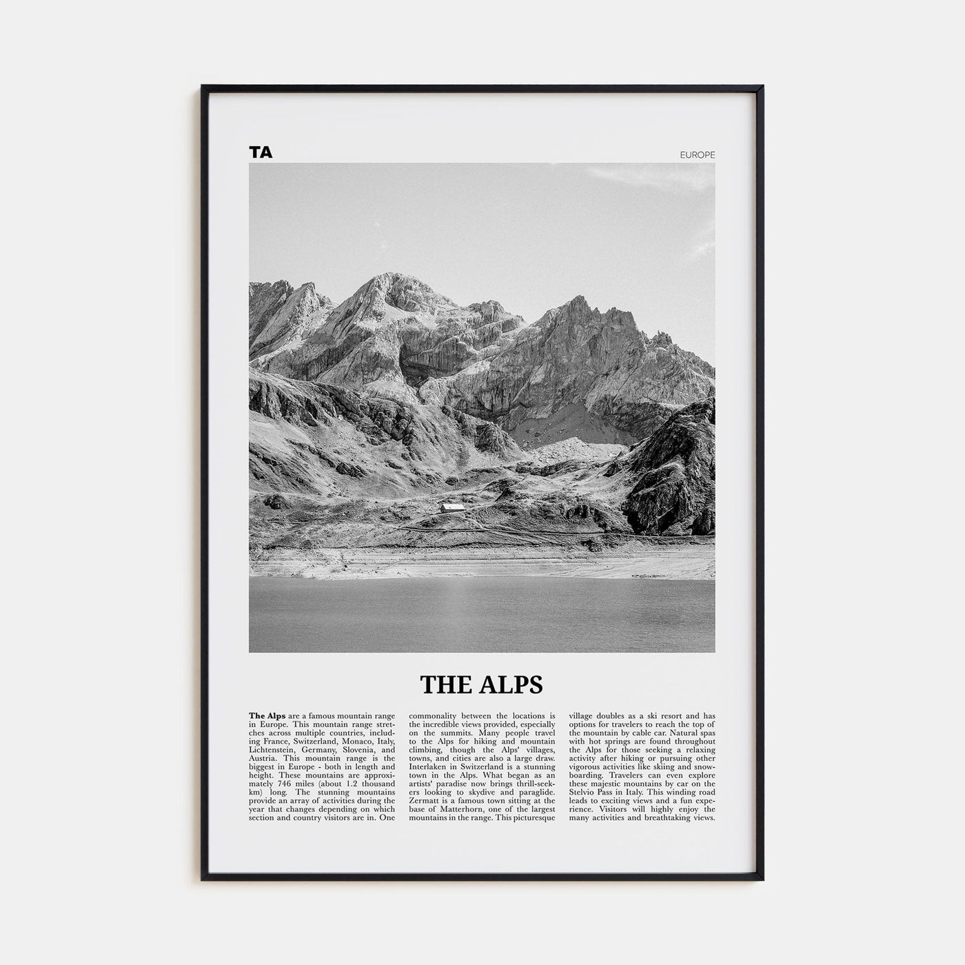 The Alps Poster Black Metal / 8x12 in Nbourhood Travel B&W Poster