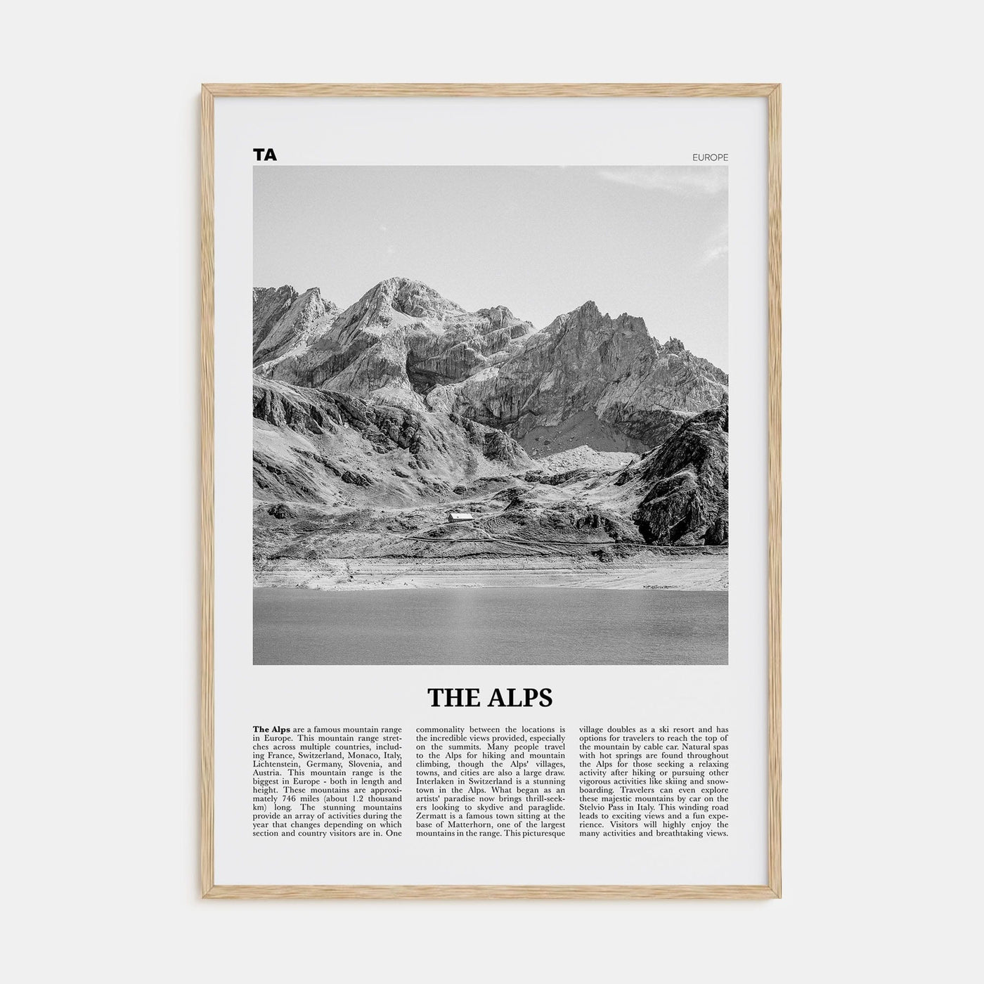 The Alps Poster Natural Wood / 8x12 in Nbourhood Travel B&W Poster