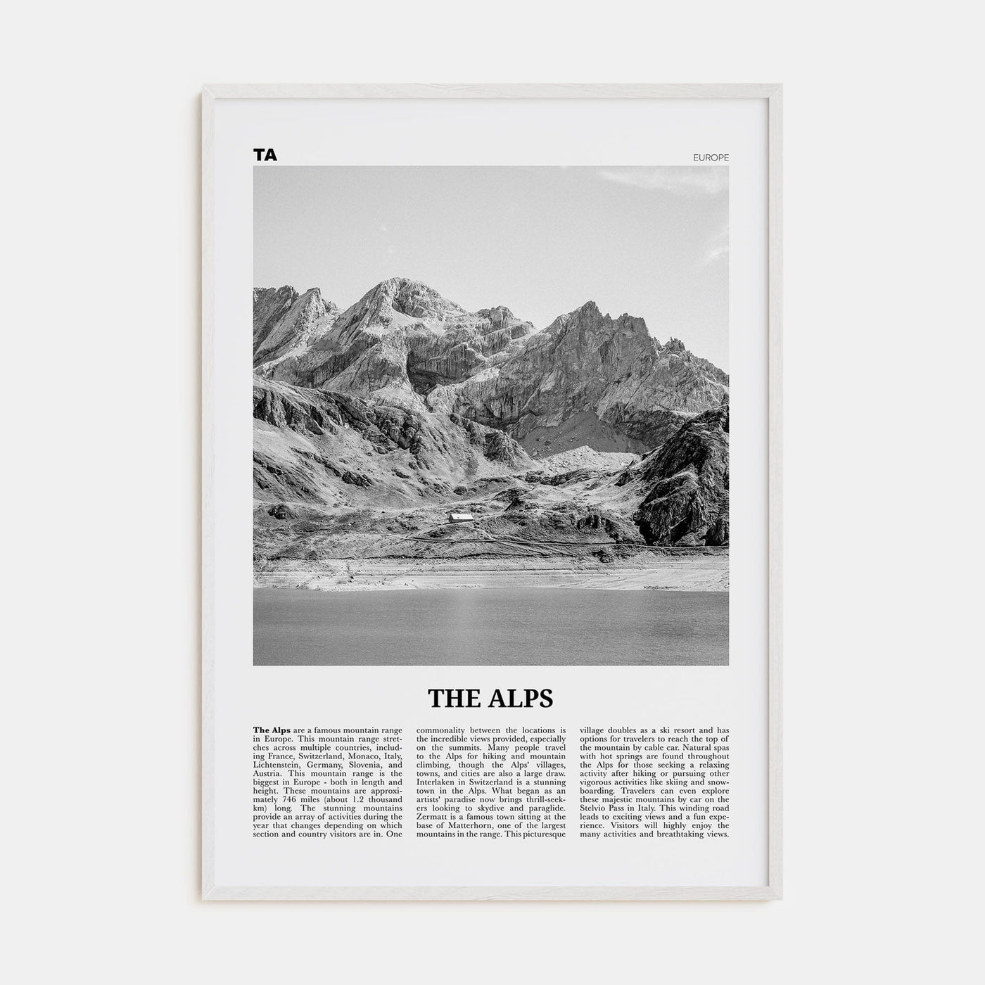 The Alps Poster White Wood / 8x12 in Nbourhood Travel B&W Poster