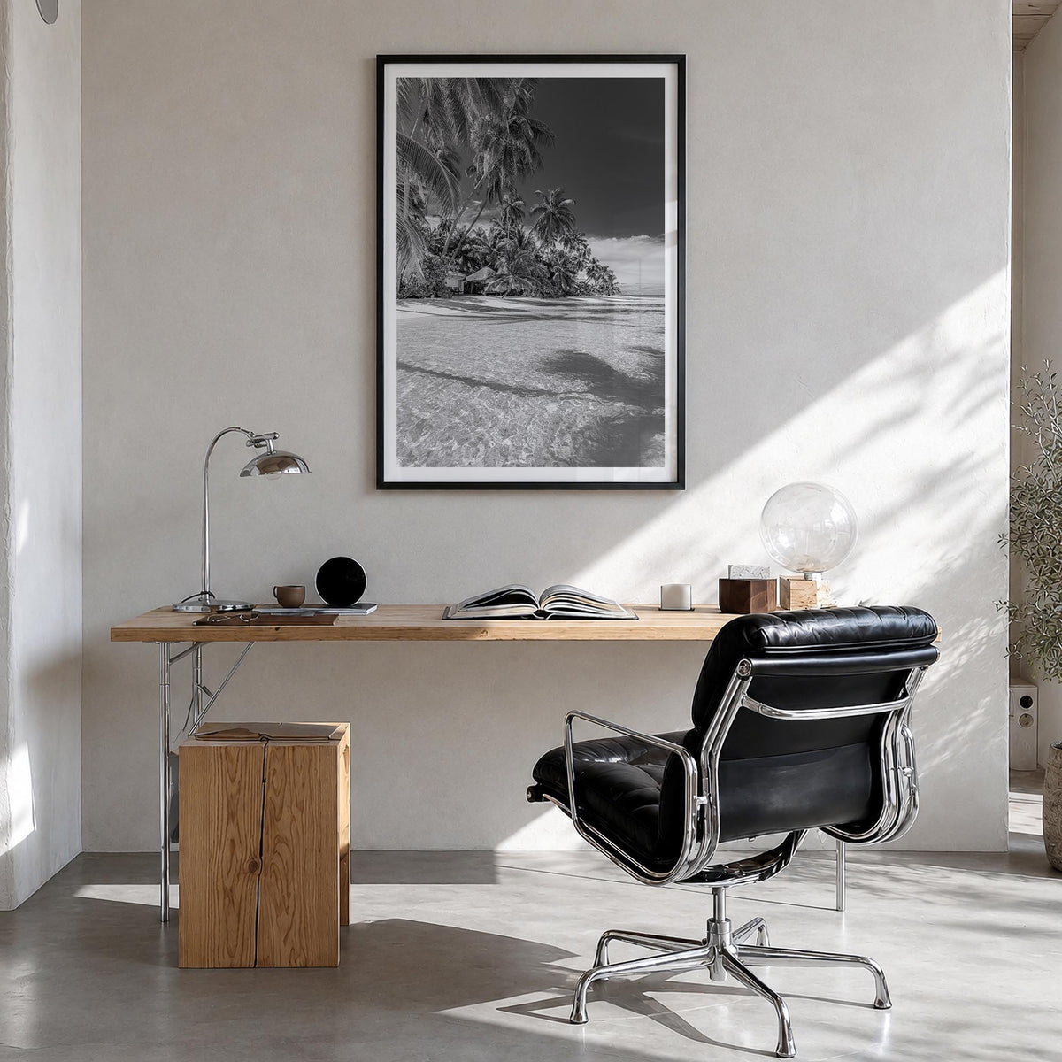 The Bahamas black & white photo poster of Caribbean – vertical wall art in black wood frame with white border, hanging on wal