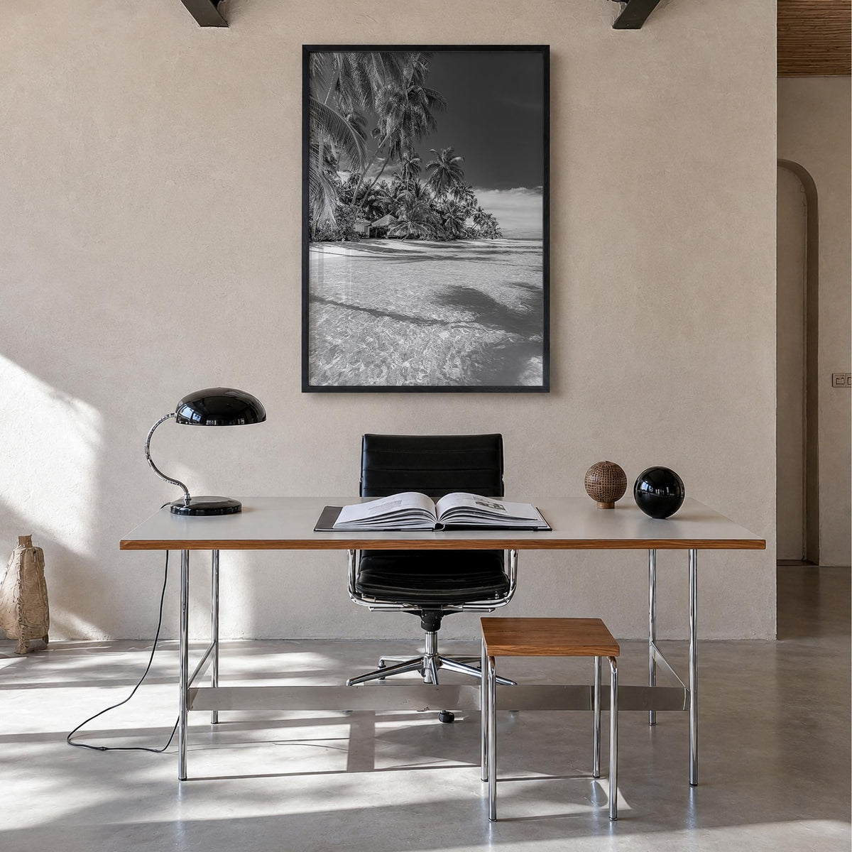 The Bahamas black & white photo poster of Caribbean – vertical wall art in black wood frame, hanging on wall