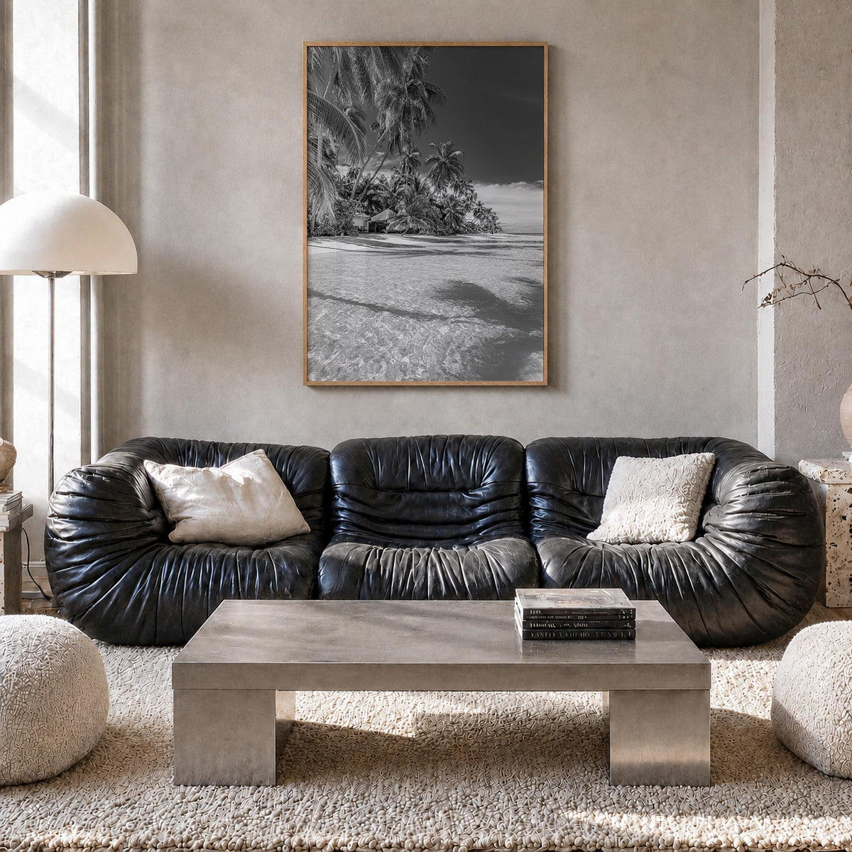 The Bahamas black & white photo poster of Caribbean – vertical wall art in natural wood frame, hanging on wall