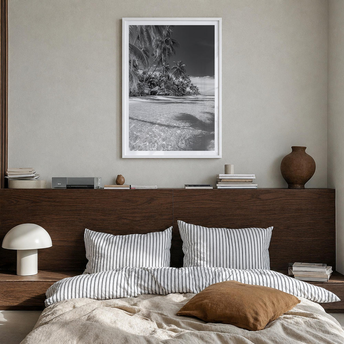 The Bahamas black & white photo poster of Caribbean – vertical wall art in white wood frame with white border, hanging on wal