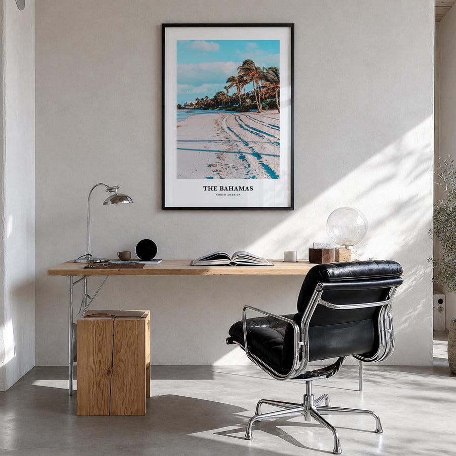 The Bahamas colorful classic poster of Caribbean – vertical wall art in black wood frame, hanging on wall