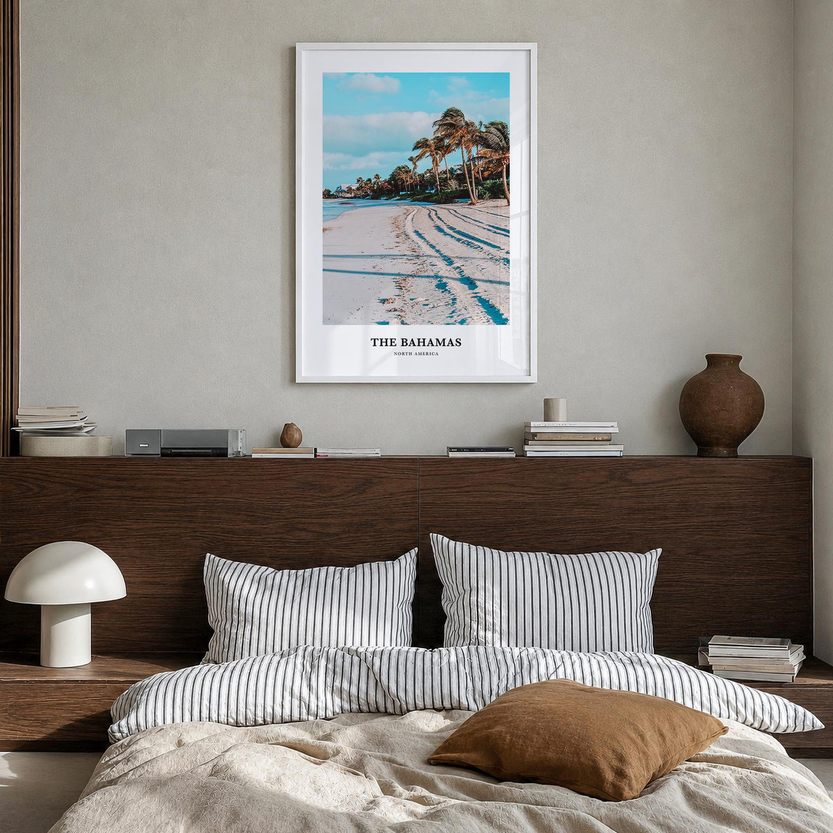 The Bahamas colorful classic poster of Caribbean – vertical wall art in white wood frame, hanging on wall