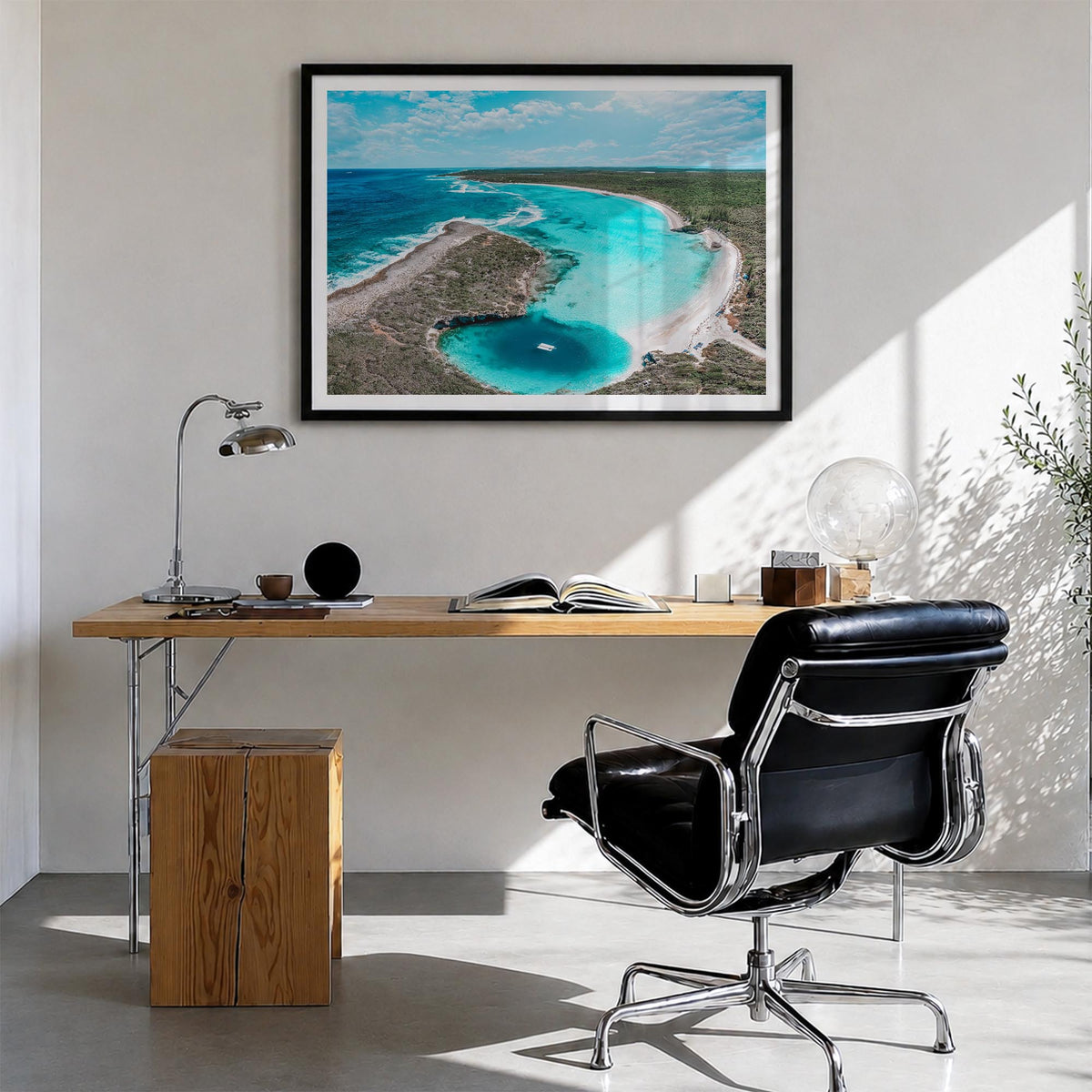 The Bahamas colorful photo poster of Caribbean – horizontal wall art in black wood frame with white border, hanging on wall