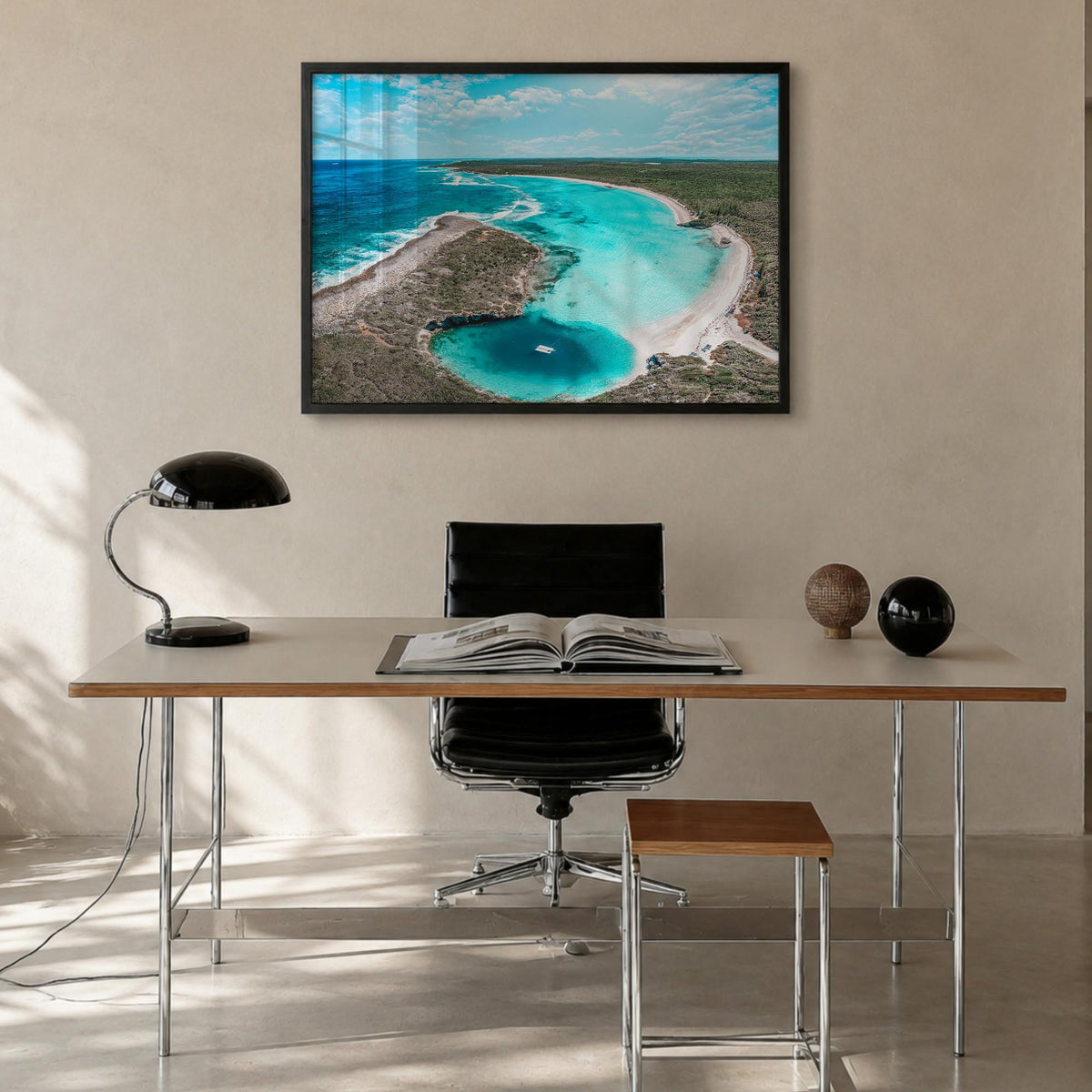 The Bahamas colorful photo poster of Caribbean – horizontal wall art in black wood frame, hanging on wall