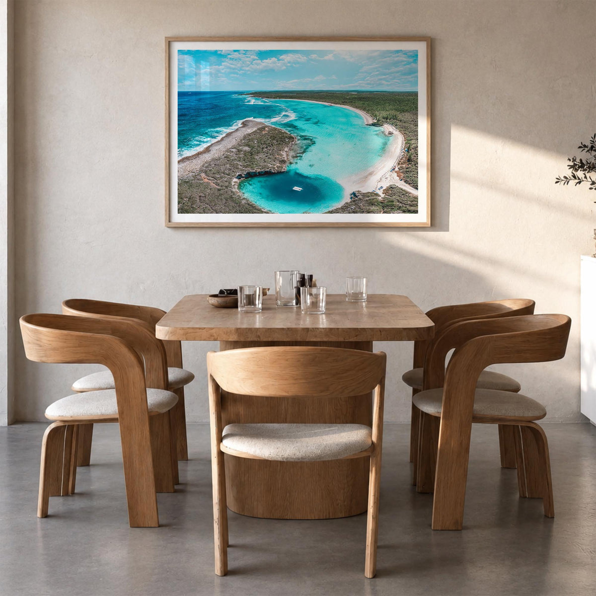 The Bahamas colorful photo poster of Caribbean – horizontal wall art in natural wood frame with white border, hanging on wall