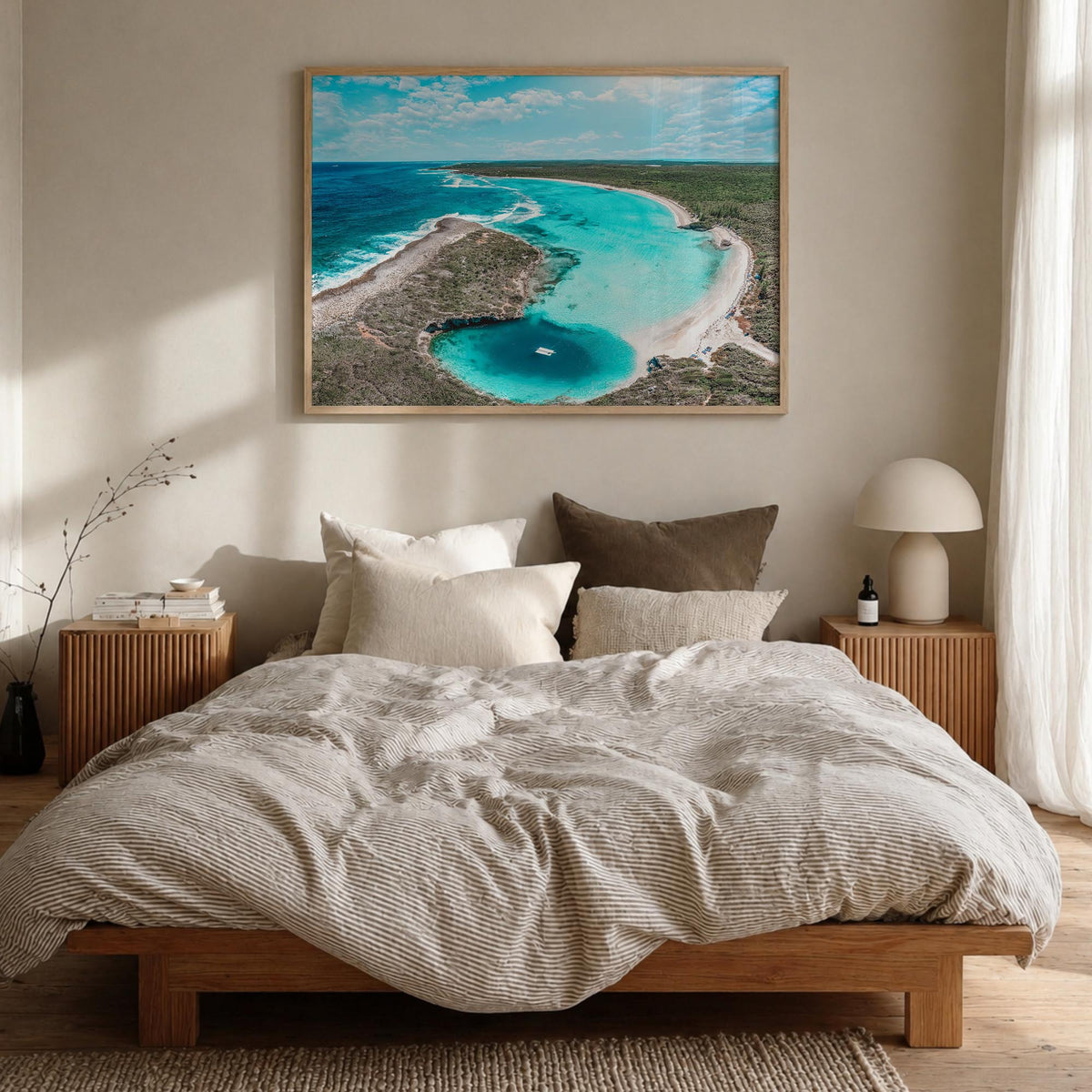 The Bahamas colorful photo poster of Caribbean – horizontal wall art in natural wood frame, hanging on wall