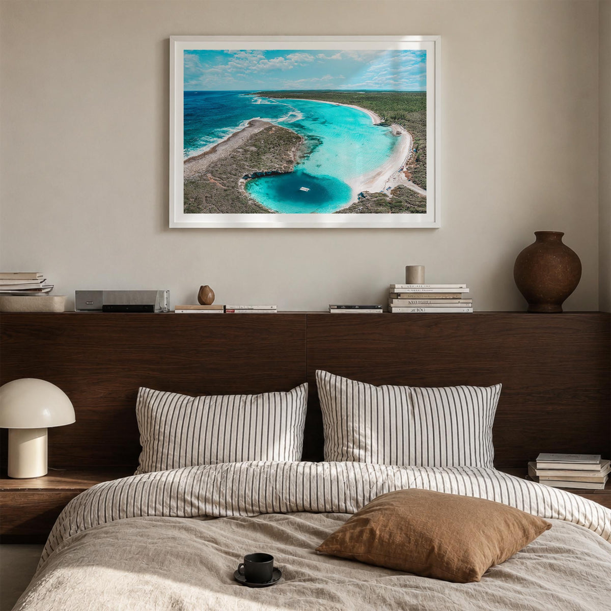 The Bahamas colorful photo poster of Caribbean – horizontal wall art in white wood frame with white border, hanging on wall