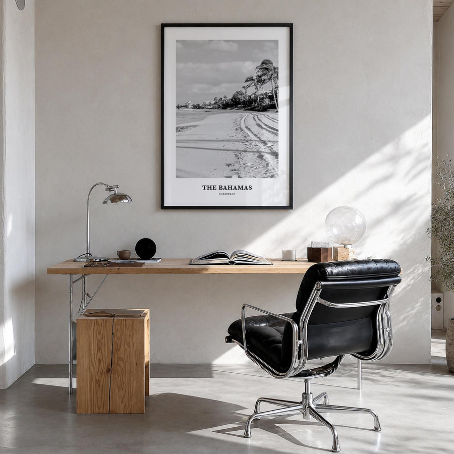 The Bahamas no. 1 black & white classic poster of Caribbean – vertical wall art in black wood frame, hanging on wall