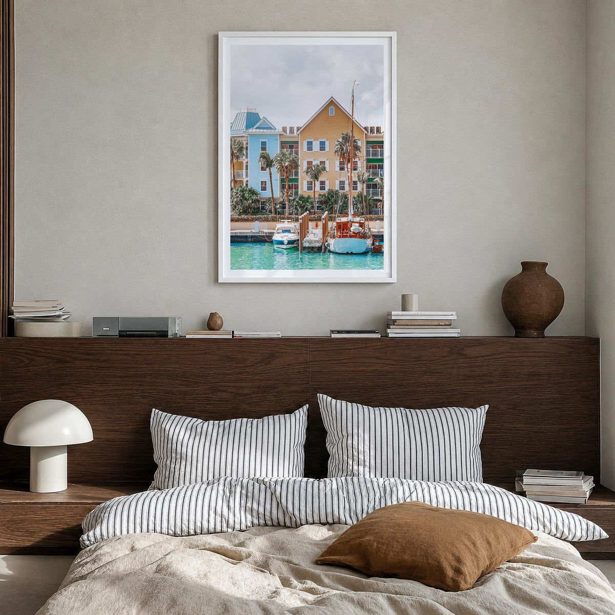 The Bahamas no. 1 colorful photo poster of Caribbean – vertical wall art in white wood frame with white border, hanging on wa