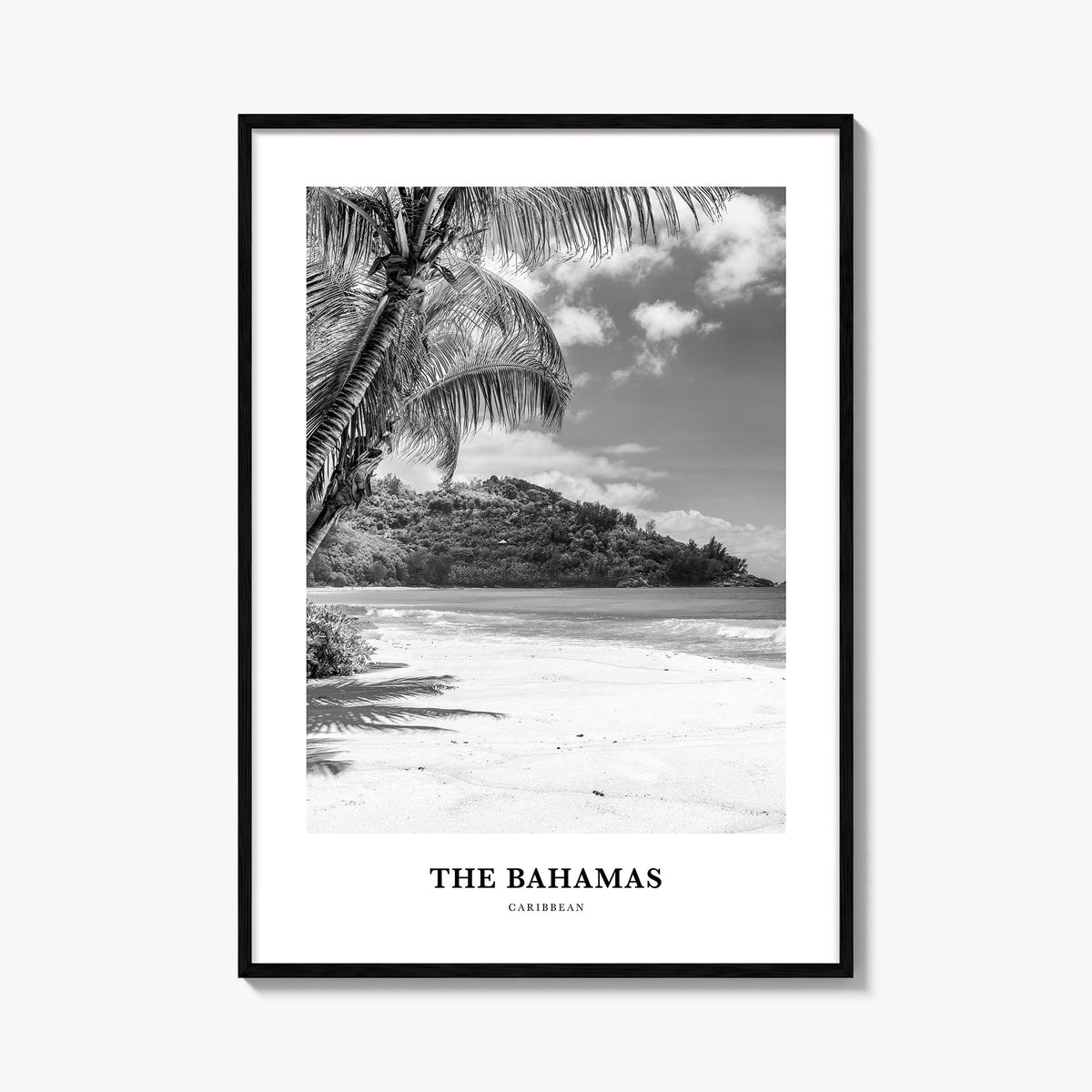 The Bahamas no. 2 black & white classic poster of Caribbean – vertical wall art, unframed print shown in interior mockup