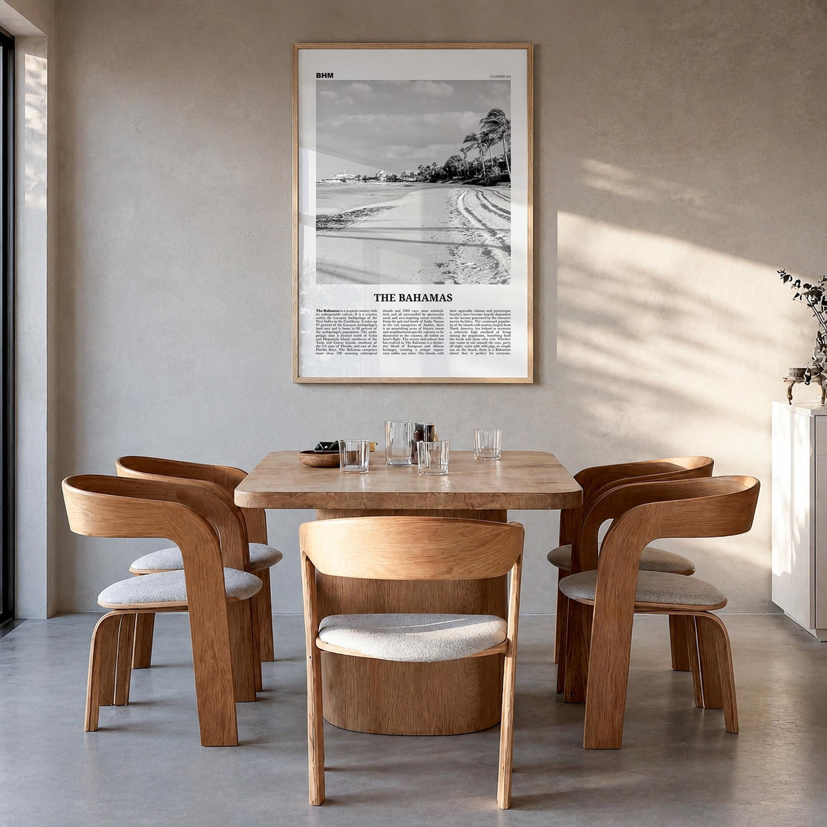 The Bahamas no. 2 black & white newspaper poster of Caribbean – vertical wall art in natural wood frame, hanging on wall