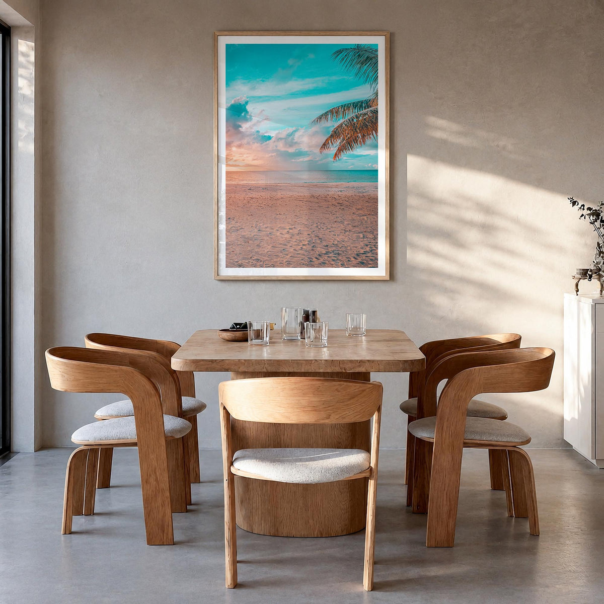 The Bahamas no. 2 colorful photo poster of Caribbean – vertical wall art in natural wood frame with white border, hanging on 