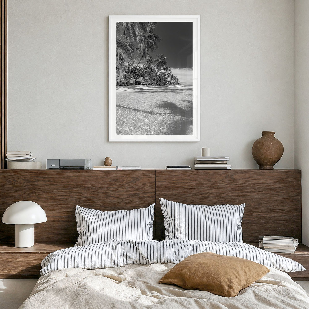 The Bahamas Photo Poster in a white wood frame, hanging in a bedroom, white border
