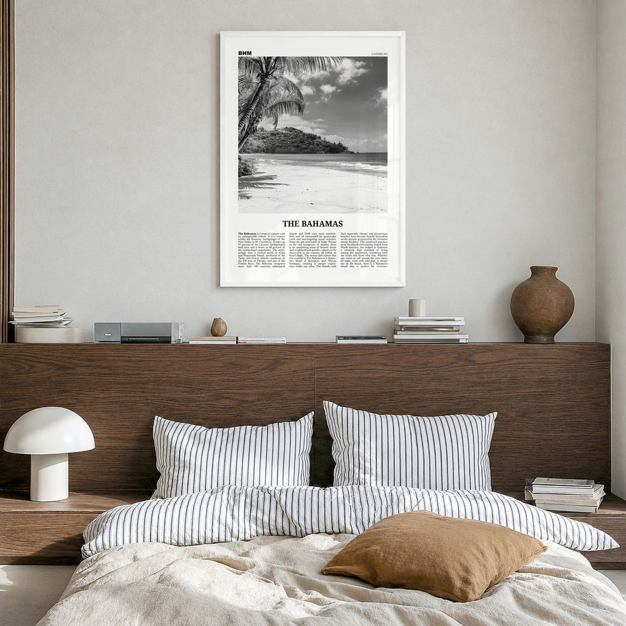 The Bahamas Newspaper No 1 Poster in a white wood frame, hanging in a bedroom