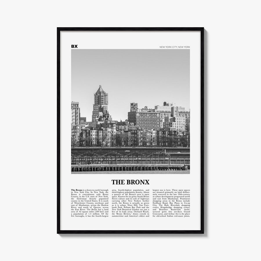 The Bronx no. 1 black & white newspaper poster of New York City, New York – vertical wall art, unframed print shown in interi