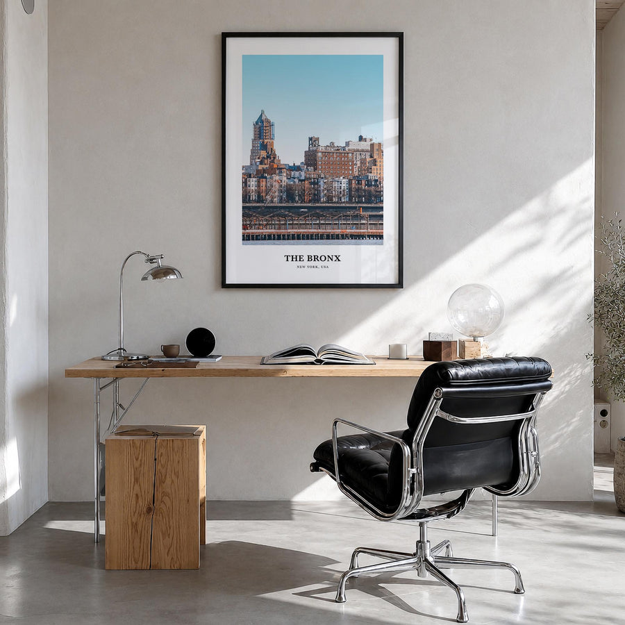 The Bronx no. 1 colorful classic poster of New York City, New York – vertical wall art in black wood frame, hanging on wall