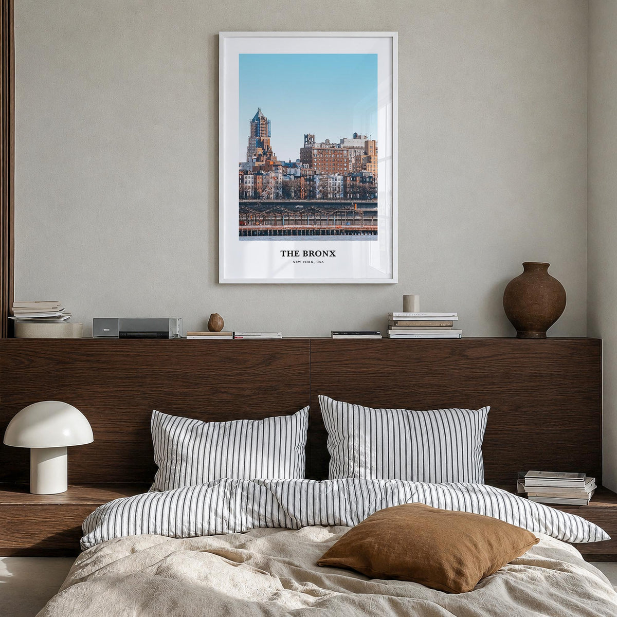 The Bronx no. 1 colorful classic poster of New York City, New York – vertical wall art in white wood frame, hanging on wall