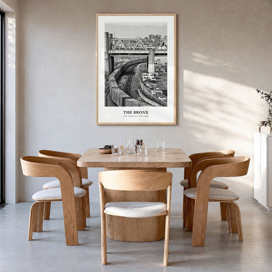 The Bronx Classic No 1 Poster in a natural wood frame, hanging in a dining room