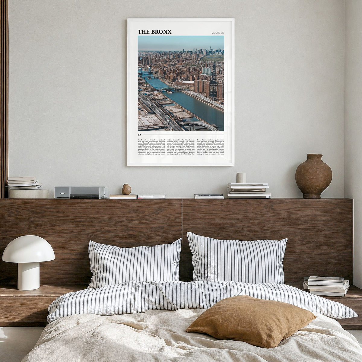 The Bronx Travel No 2 Poster in a white wood frame, hanging in a bedroom