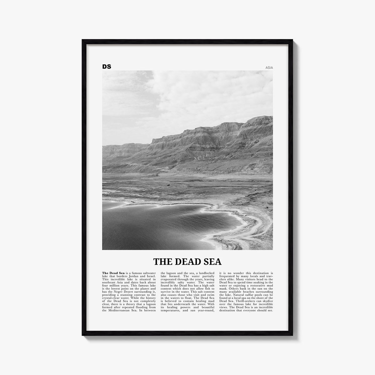 The Dead Sea black & white newspaper poster of Middle East – vertical wall art, unframed print shown in interior mockup