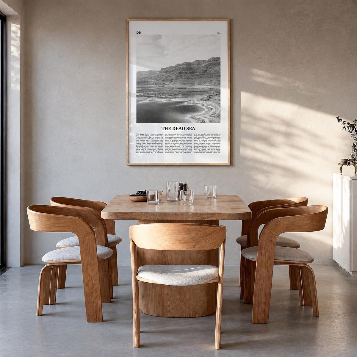 The Dead Sea black & white newspaper poster of Middle East – vertical wall art in natural wood frame, hanging on wall