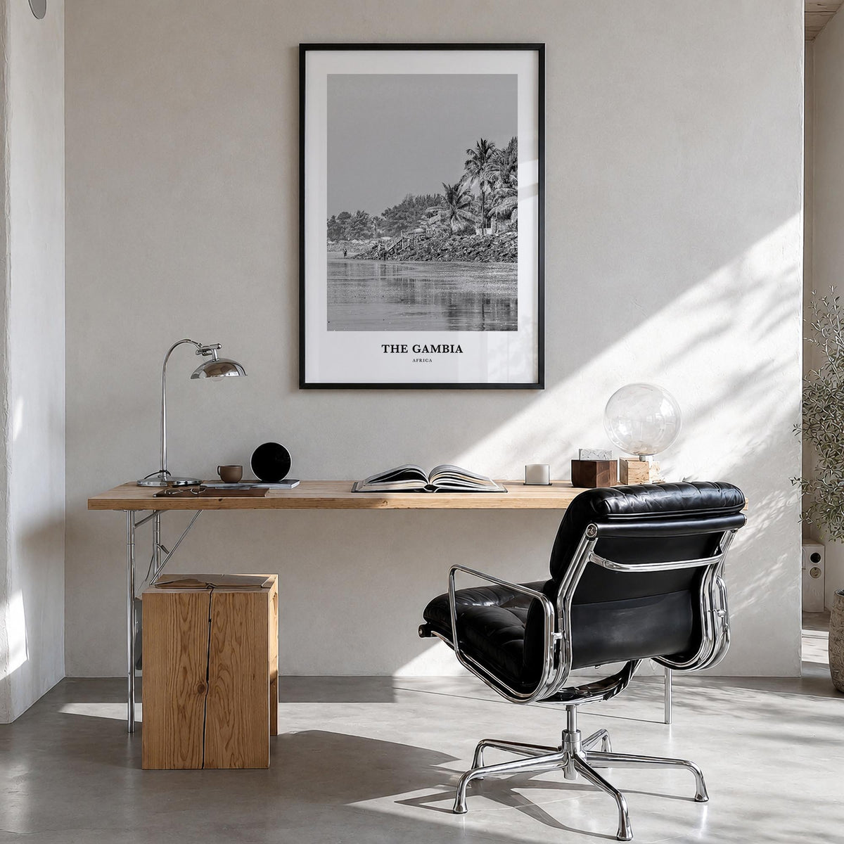 The Gambia black & white classic poster of Africa – vertical wall art in black wood frame, hanging on wall