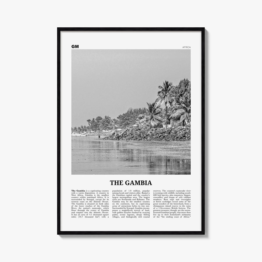 The Gambia black & white newspaper poster of Africa – vertical wall art, unframed print shown in interior mockup