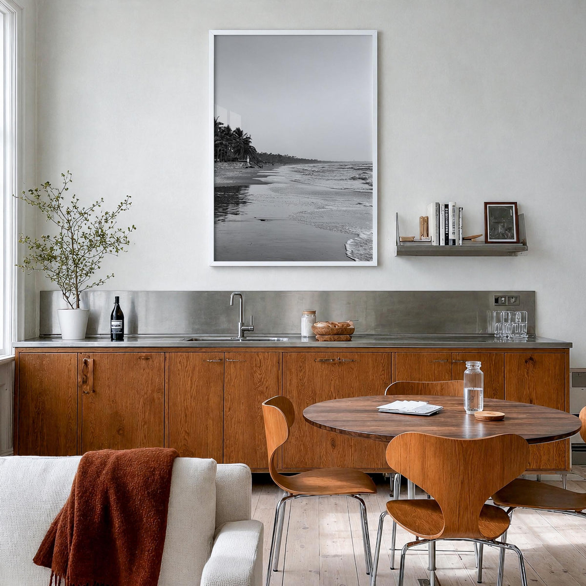 The Gambia black & white photo poster of Africa – vertical wall art in white wood frame, hanging on wall