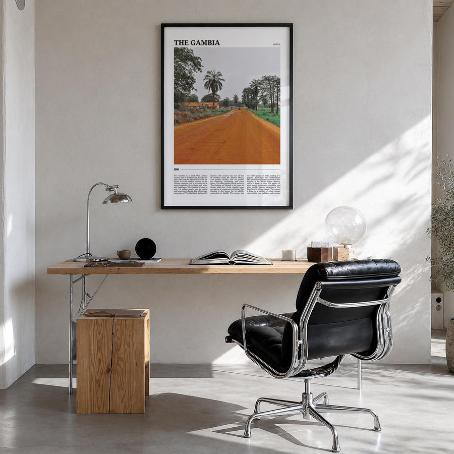 The Gambia colorful travel poster of Africa – vertical wall art in black wood frame, hanging on wall