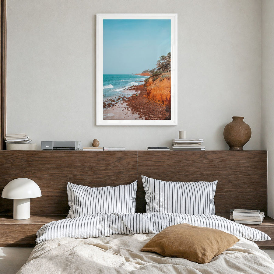 The Gambia Photo Poster in a white wood frame, hanging in a bedroom, white border