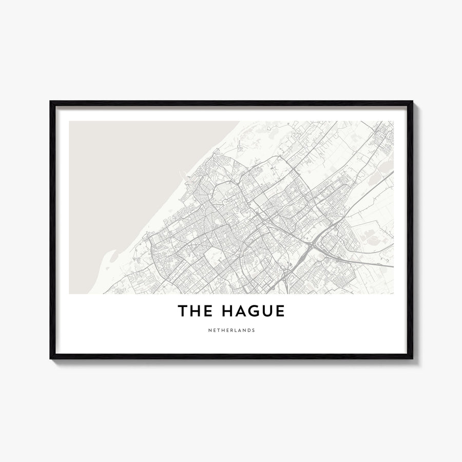 The Hague black & white map poster of Netherlands – horizontal wall art, unframed print shown in interior mockup