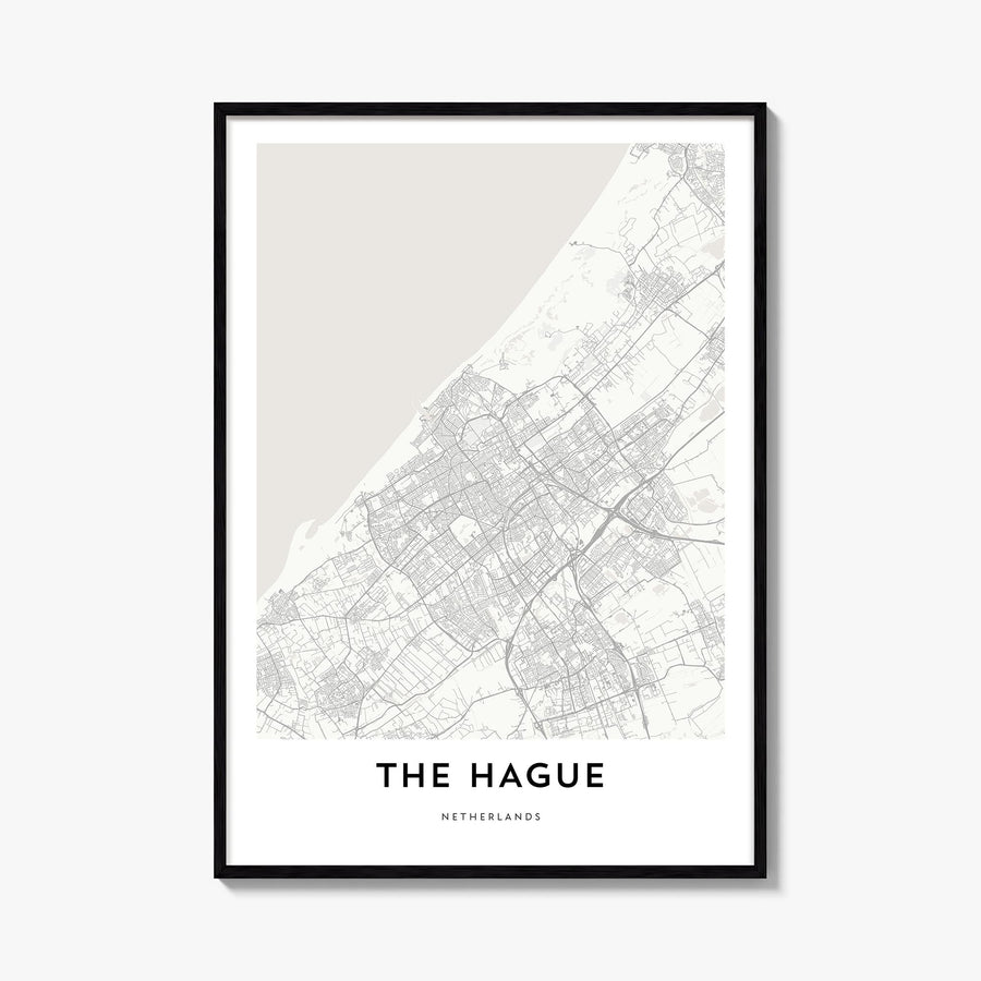 The Hague black & white map poster of Netherlands – vertical wall art, unframed print shown in interior mockup