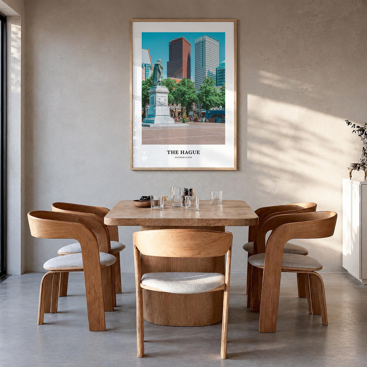 The Hague colorful classic poster of Netherlands – vertical wall art in natural wood frame, hanging on wall