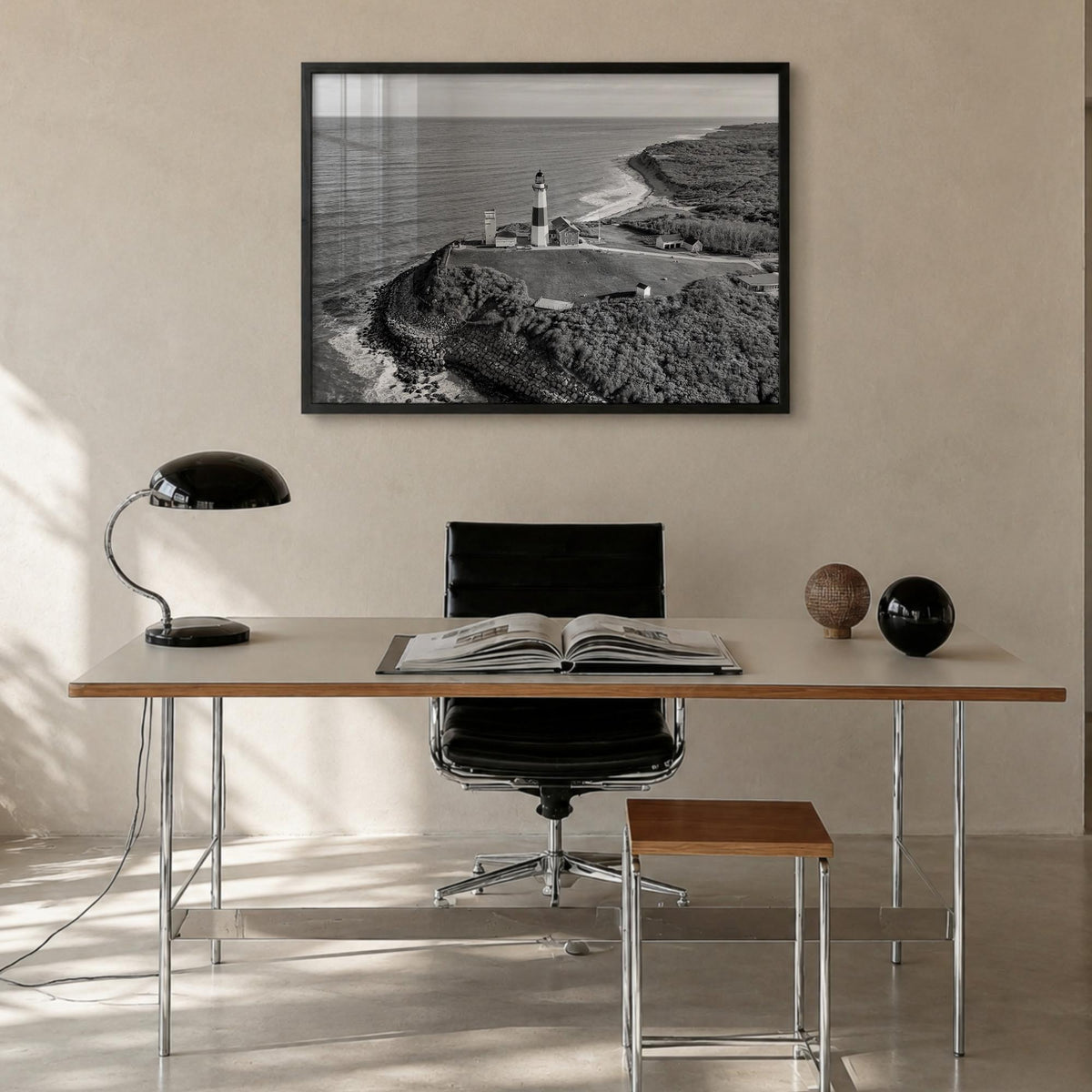 The Hamptons black & white photo poster of Long Island, New York – horizontal wall art in black wood frame, hanging on wall