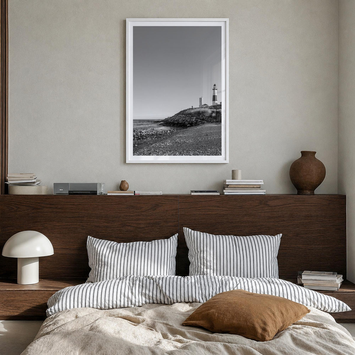The Hamptons black & white photo poster of Long Island, New York – vertical wall art in white wood frame with white border, h