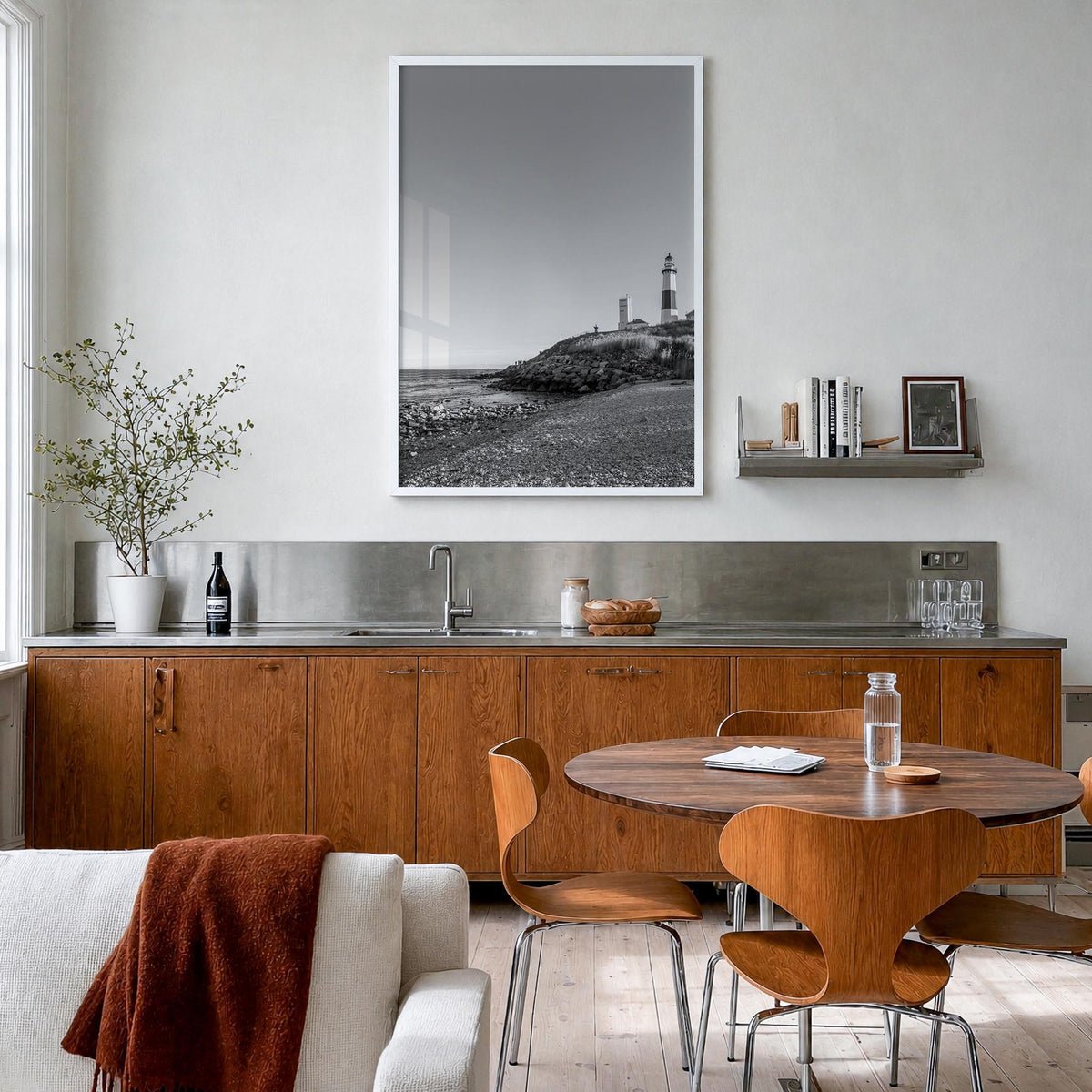 The Hamptons black & white photo poster of Long Island, New York – vertical wall art in white wood frame, hanging on wall